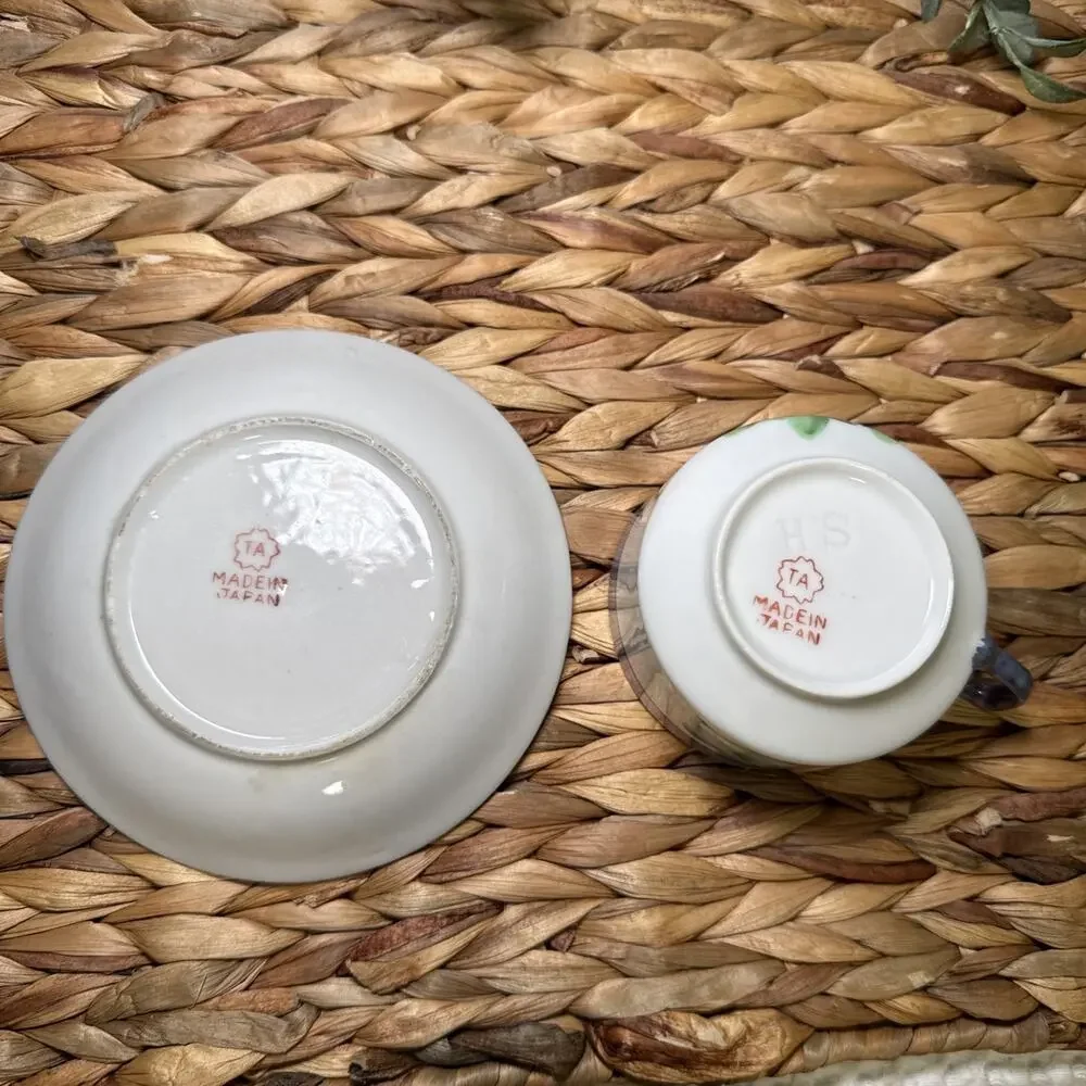 Japanese Lusterware Teacup & Saucer Set Handpainted Blue w/ Flowers Vintage